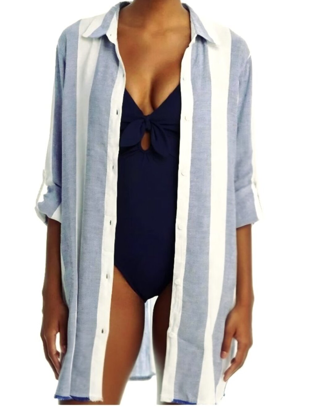 Tommy Bahama Linen Blend Rugby Striped Long Sleeve Shirt Dress Cover-Up Shirt